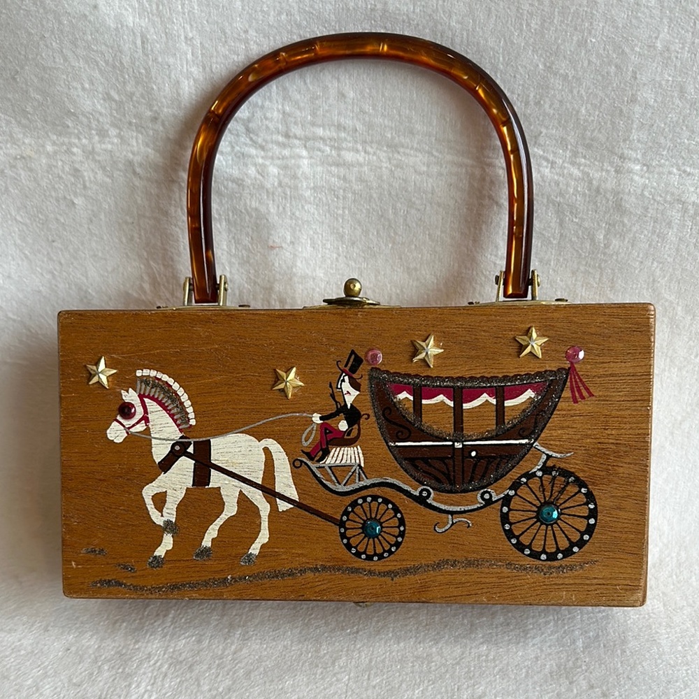 Vintage Wooden Box Handbag with Horse and Carriage Design by Gary Gails